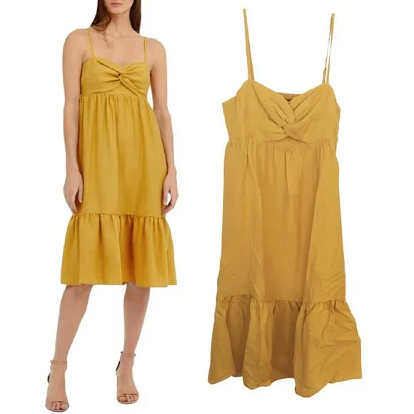 INC International Concept Midi Dress Knot Front Ruffle Yellow Linen Sundress XL - Picture 1 of 7